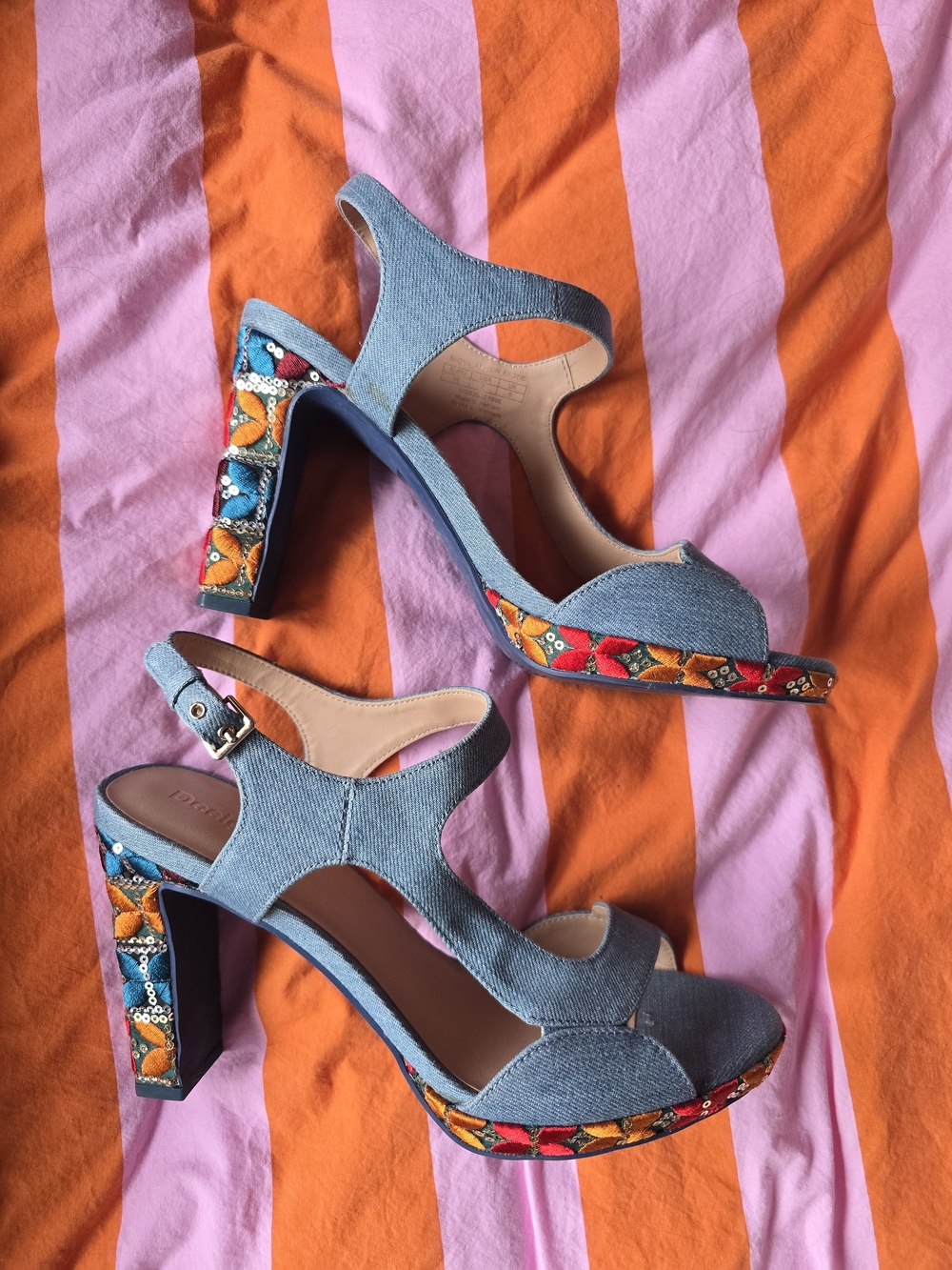 Desigual Blue Denim Embroidered Block Heel Sandals